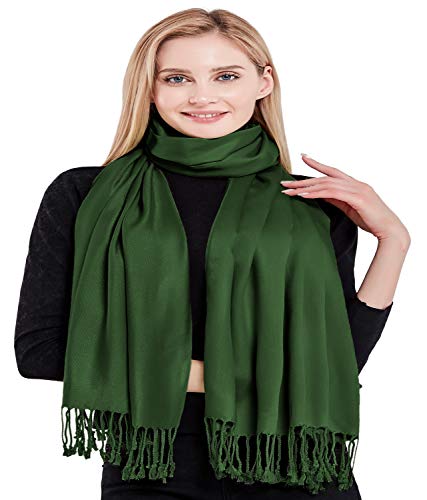 CJ Apparel Solid Color Tassels Design Nepalese Shawl Scarf Wrap Stole Throw Head Wrap Pashmina Gift Hand Made in Nepal New - color: Dark Green Mix