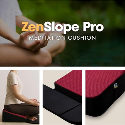 ZenSlope Pro Seat Elevated Meditation Cushion to Lift The Spine with Foldable Wings for Ankles,Premium Quilted Fabric & Carry Case Ideal for Cross-Legged Sitting Maroon