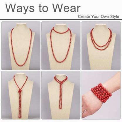 Beaded Necklace Hand Knotted for Woman - color: Red Turquoise