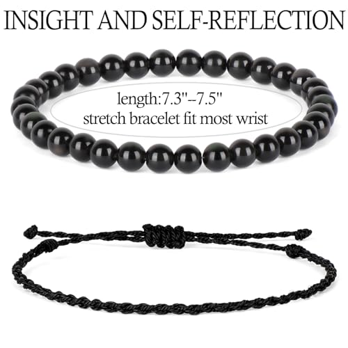 QOGIR 2pcs Handmade Healing Bracelet, Natural Gem Stone Crystal Elastic Bracelet - color: Black Obsidian(Self - Reflection), size: 6mm
