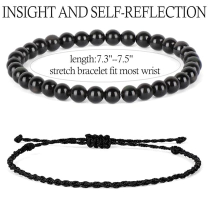 QOGIR 2pcs Handmade Healing Bracelet, Natural Gem Stone Crystal Elastic Bracelet - color: Black Obsidian(Self - Reflection), size: 6mm
