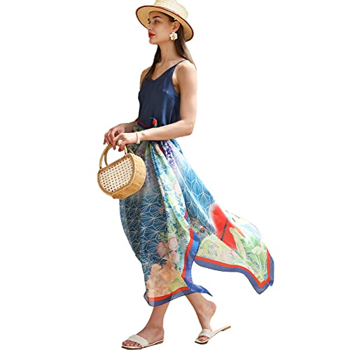 100% Mulberry Extra Large Silk Pashmina Scarf Shawls And Wraps For Women Evening Dress Summer Travel Floral Blanket - color: Blue Garden Breeze