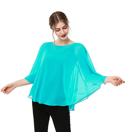 Capes for Womens Casual chiffon shawl Casual Chiffon Cape Sheer shawls and wraps Poncho Capelets Cover Up - color: Aqua Green