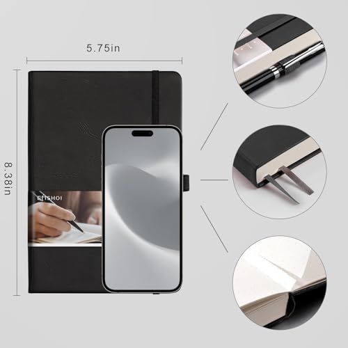 EMSHOI Dotted Notebook - 256 Pages A5 Dotted Grid Journal Notebook,120gsm Thick Paper,16 Perforated Pages, Smooth PU Leather, Inner Pocket,5.75'' × 8.38''-Black - color: Black, size: A5-Dotted