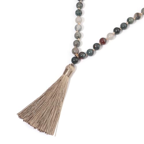 8MM Beads Chakra Long Mala Necklace Natural Stone Meditation Statement Necklace Japa Yoga Buddhist Rosary Prayer Charm Beaded Tassel Necklace - color: Bloodstone