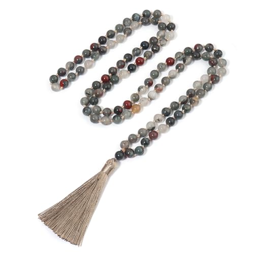 8MM Beads Chakra Long Mala Necklace Natural Stone Meditation Statement Necklace Japa Yoga Buddhist Rosary Prayer Charm Beaded Tassel Necklace - color: Bloodstone