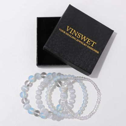4pcs Beaded Bracelets for Women,Natural Healing Crystal Gemstones Bracelet,Anxiety Stress Relief Bracelet Handmade purple Jewelry Gifts for Women - color: Clear crystal&Opal&Cat Eyes