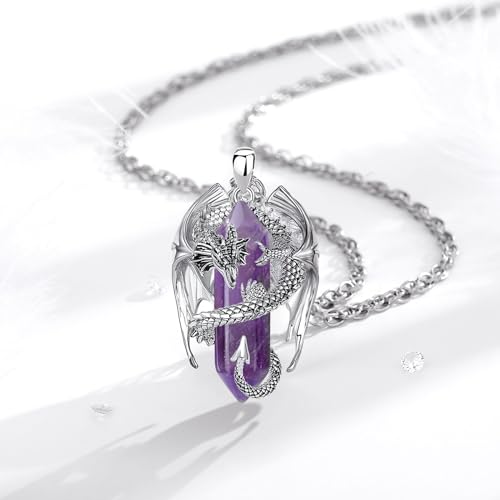 INFUSEU Unique Dragon Necklaces with Healing Crystal Stone for Men Women, Personalized Spiritual Gifts, 24 Inch Chain - color: Amethyst