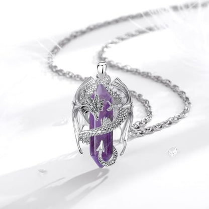 INFUSEU Unique Dragon Necklaces with Healing Crystal Stone for Men Women, Personalized Spiritual Gifts, 24 Inch Chain - color: Amethyst