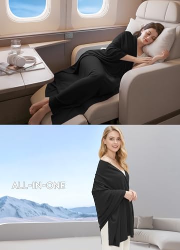 Women's Wool Blend Travel Scarf Lightweight Breathable Wrap Pashmina Airplane Blanket Shawl - color: Black