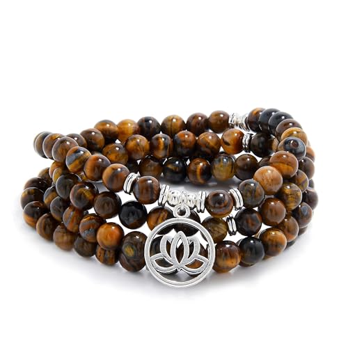 Lotus Flower Gifts Mala Beads 108 Healing Bracelet Necklace Meditation Accessories - style: Brown Tiger Eye