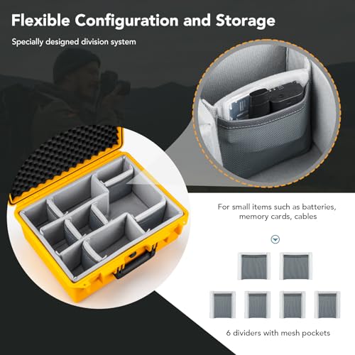 Lykus PVC1 Waterproof Hard Camera Case with Padded Dividers for Cameras, Lenses, Dual DJI Mavic/Air/Mini/Flip drones - color: Yellow PVC1