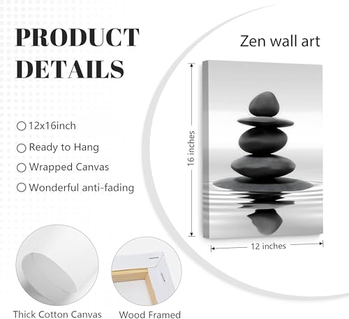Zen Canvas Wall Art Black Stacked Stone Poster Print for Spas Bathrooms Yoga Rooms Meditation Spaces Ready to Hang 12x16in Framed - color: Canvas Black Stone, size: 16"L x 12"W