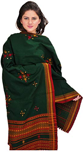 Exotic India Shawl from Kutch with Embroidered Bootis and Mirrors - Wool - color: Trekking Green