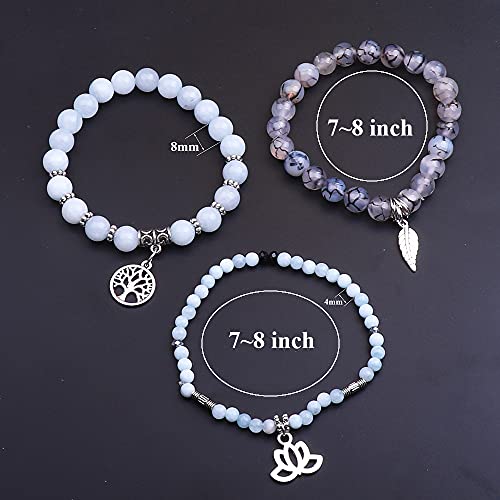 Tree of Life Yoga Healing Stone Bracelets,Multilayer Lotus Chakra Stone Reiki Bracelet Sets,Anxiety Crystal Natural Stone,for Women Stress Relief - style: Aquamarine dragon pattern stone