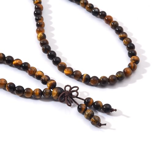 108 Mala Prayer Beads Bracelet 6mm Genuine Gemstone Healing Crystal Stone Beaded Bracelet Buddhist Tibetan Handmade Knotted Elastic Necklace for Yoga Meditation Unisex Women Men - color: Yellow Tiger Eye