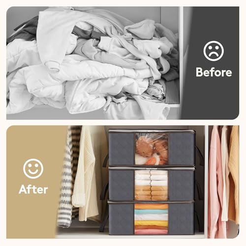 Lifewit 3 Pack 35L Clothes Storage Bins with Lids, Foldable Blanket Storage Bags with Zippers, Clear Window and Reinforced Handles, Closet and Organization for Clothing, Sweater, Comforter, Bedding - size: 35L
