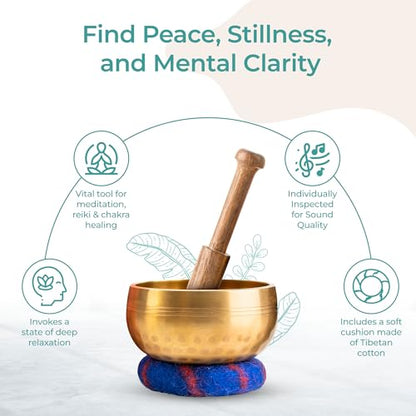 Handcrafted Tibetan Singing Bowl Set – 3.5” Sound Bowl for Meditation, Sound Healing & Yoga – Healing Instrument with Wooden Striker & Cushion – Authentic Hand-Hammered in Nepal - size: 3.5″ Set
