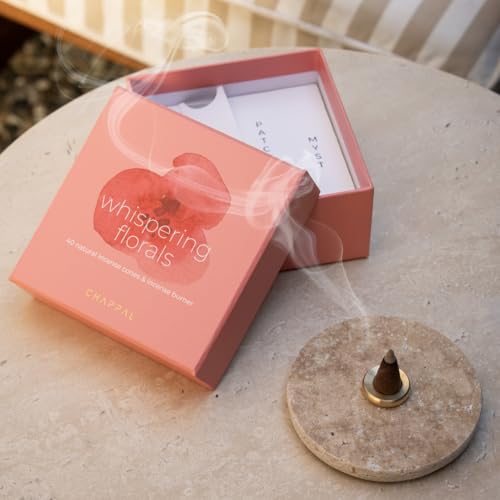 Whispering Florals Meditation Set – Floral Cone Incense with Travertine Brass Holder – Elegant Aromatic Gift Set for Relaxation, Meditation & Home Ambience
