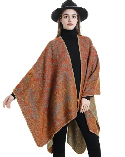 Women's Shawls and Wraps Open Front Poncho Cape Winter Sweater - color: O41-orange Court