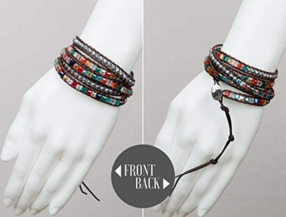 New! Dazzling Handmade Leather Wrap Bracelet Collection - style: 5 Wrap Multi Color & Silver Faceted