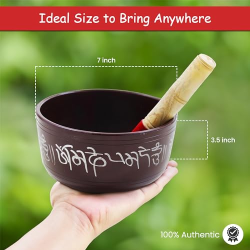 Store Indya Hand Painted 7 Inch Tibetan Metal Singing Bowl, Chakra Healing, Yoga & Meditation Sound Bowl for Stress Relief with Wooden Stick Mallet | Original Tibetan Singing Bowl - color: BROWN