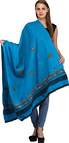 Exotic India Women's Pure Wool Shawl from Kutch with Central Embroidered Chakra and Mirrors Ethnic Design Stole, Scarves - color: Blue Jewel
