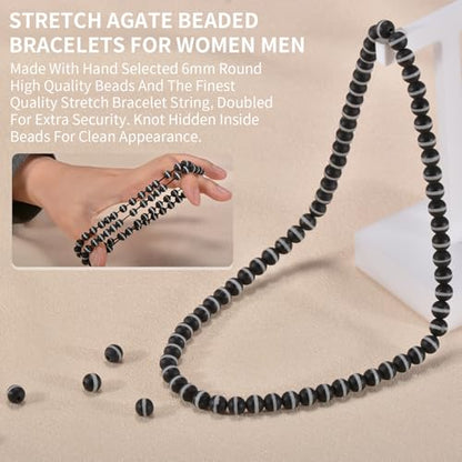 14in Agate Wrap Bracelet for Women Men Natural Round Beaded Agates Stone Healing Stretch Bracelets Elastic Handmade Polished Gemstone Beads Bracelet - color: Black White-1 Agate, size: 6mm Beads