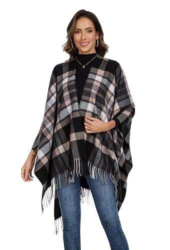 Shawl Wraps for Women, Elegant Knitted Cape Open Front Poncho Scarf Blanket Cardigan Coat for Spring, Autumn, and Winter - color: Black Khaki 2