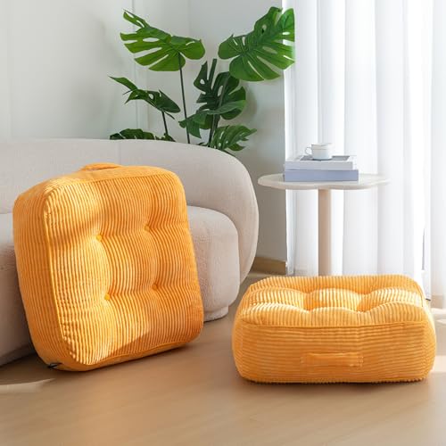 HIGOGOGO 8" Extra Thick Floor Pillow Cushion for Adults, Meditation Cushion Pillow, Large Square Floor Sitting, Tufted Corduroy Cover, for Tatami Living Room or Yoga, 22x22 Inch, 2Pack, Orange - color: Square Orange, size: 8" Thick(Pack of 2)