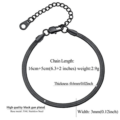 FindChic Elegant Herringbone Snake Chain Anklets/Bracelets 3MM/5MM Width Stainless Steel/18K Gold/Rose Gold Plated/Black 4 Color Options, 8.3'' 8.5'' 10.5'' Length, with Gift Box - color: B: 3mm 6.3'' bracelet (Black)