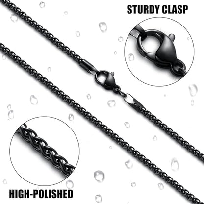 Fiusem Black Wheat Chains for Men and Women, 2/2.5/3/4/5mm Stainless Steel Necklace Chain, Mens Necklace Jewelry Gift 16-28 Inch - size: 16 Inches, style: Black 2MM