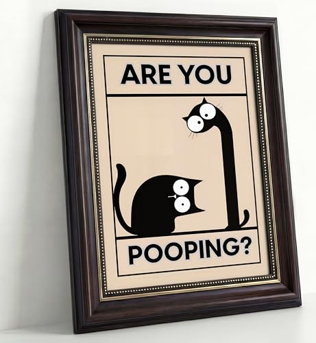 Dark Brown Framed Funny Bathroom Cat Canvas Wall Art Are You Pooping Wall Decor Picture Humor Bathrooms Animal Poster Print Painting for Toilet And Restroom Prepare To Hang - color: Bathroom Cat, size: 11"L x 9"W