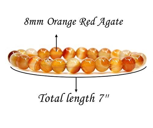 Angelstones Handmade Natural Healing Gemstone 8mm Round Beads Stretch Crystal Bracelet 7 Inch Unisex - color: Orange Red Agate