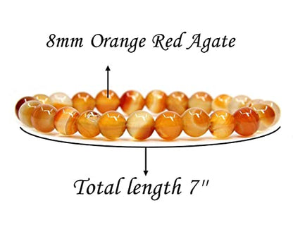 Angelstones Handmade Natural Healing Gemstone 8mm Round Beads Stretch Crystal Bracelet 7 Inch Unisex - color: Orange Red Agate