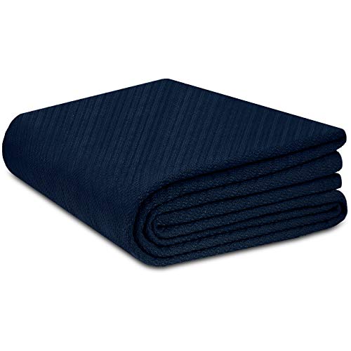 COTTON CRAFT Soft Cotton Thermal Blanket - Plush Herringbone Twill - All Season Luxurious Breathable Skin Friendly Lightweight Cooling Throw Blanket - Sofa Couch Travel Camping Dorm - Full Queen Navy - color: Navy, size: Full-Queen