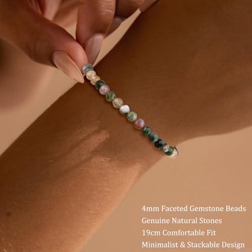 Natural Faceted Crystal Bracelet for Women,4mm Gemstone Round Beads Bracelets Adjustable Stretchy Healing Crystal Beads Bracelets Dainty Jewelry Gift