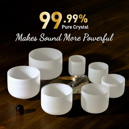 CVNC 440HZ 6-12 Inch Frosted Quartz Crystal Singing Bowls Chakra Set of 7 for Sound Healing with 2 PCS Travel Carry Case Bag - color: White-Blue Bag, size: 6"-12" White-Blue Bag