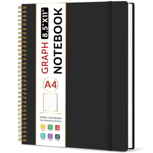 Taja Spiral Graph Notebook, 8.5"x11" Notebooks for Work, Large A4 Journal for Women & Men, Grid Notebook, Journaling Notebook for Writing, Plastic Cover Spiral Journal, Black - color: D-Black, style: C - Graph