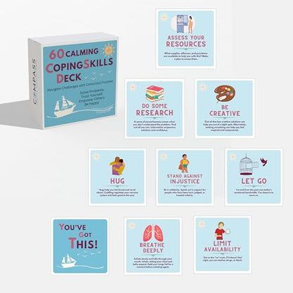60 Calming Coping Skills Card Deck, Therapeutic Tools for Anxiety, Anger, Depression | Become Empowered During Real-Life Obstacles | DBT Skills for Personal Reflection, Family & School Activities