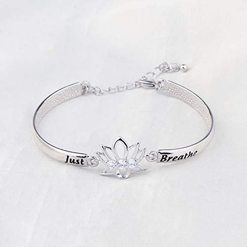 WUSUANED Breathe Lotus Flower Bracelet Yoga Spiritual Symbol Jewelry Gift For Women Girl - color: just breathe bracelet silver