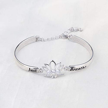 WUSUANED Breathe Lotus Flower Bracelet Yoga Spiritual Symbol Jewelry Gift For Women Girl - color: just breathe bracelet silver