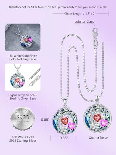 TOUPOP s925 Sterling Silver Family Celtic Tree of Life Pendant Necklaces with 2 Heart Birthstone with Blue Austrian Crystal Jewelry Birthday Valentines Day Gifts for Her, Anniversary Christmas Gifts for Wife Girlfriend Mom (18K Real White Gold Filled) - c