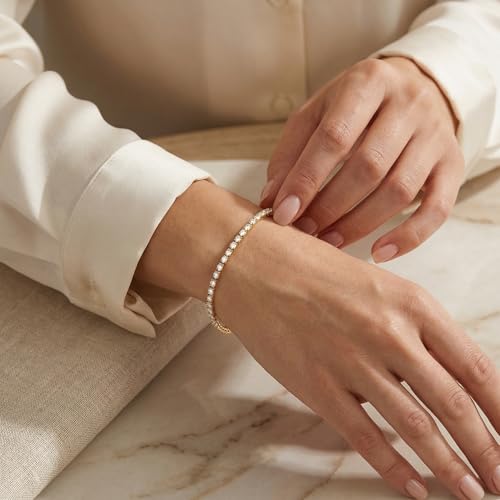 3mm Diamond Classic Tennis Bracelet for Women Dainty, Gold Jesus Cross Bracelets Trendy, 14K Gold Plated Heart/Evil Eye/Pearl/Starfish & Seashell Charm Bracelets for Women Bulk - style: Gold Tennis