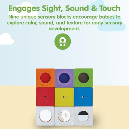PlanToys® Sensory Activity Blocks for Toddlers – 9-Piece Set with Visual, Auditory & Tactile Stimuli – Montessori Toy with Storage Bag – Wooden Learning Toy for Babies & Kids Ages 12 Months+