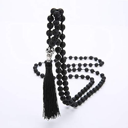 108 Mala Beads Necklace Semi-Precious Gem Stones Meditation Necklace 108 Hand Knotted Japa Mala Beaded Tassel Necklace with Tree of Life Pendant - color: Natural Lava Stone
