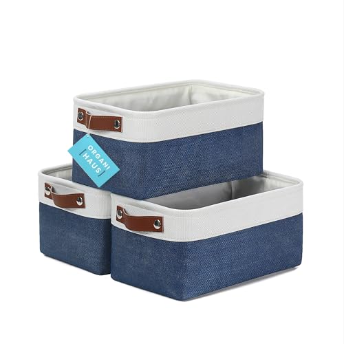 OrganiHaus 12x8in Canvas Storage Baskets 3 Pack | SMALL Fabric Bins for Shelves | Pantry & Bathroom Organizer | Navy Blue/Off-White - color: Navy Blue / Off-White, size: Small - 3pc
