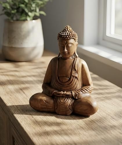 Wooden Serene Sitting Buddha Statue - Handmade Meditating Sculpture - Hand Carved Dhyana Mudra Figurine - Zen Home Decor Accent, Oriental Spiritual Home Room Decoration Gift (12" Tall) - size: 12" Tall