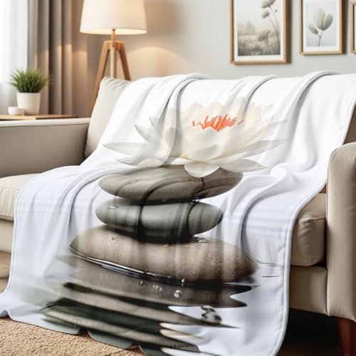 Zen Stones Print Blanket Lotus Flower Throw Flannel Blanket Zen Decor Bedding for Bed Sofa Office Yoga Room Meditation Spa Gifts (59"x78") - color: White, size: 59"x78"