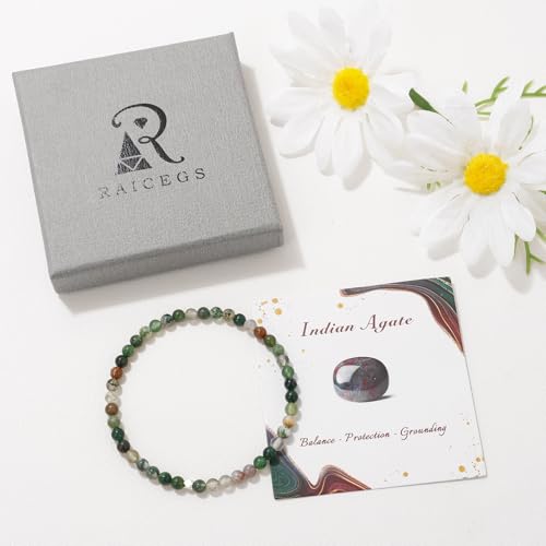Raicegs 4 6 8MM Beaded Bracelets Healing Crystal Bracelet for Women Men Natural Stone Handmade Stretch Bracelet Reiki Spiritual Jewelry - color: Indian Agate, size: 4mm